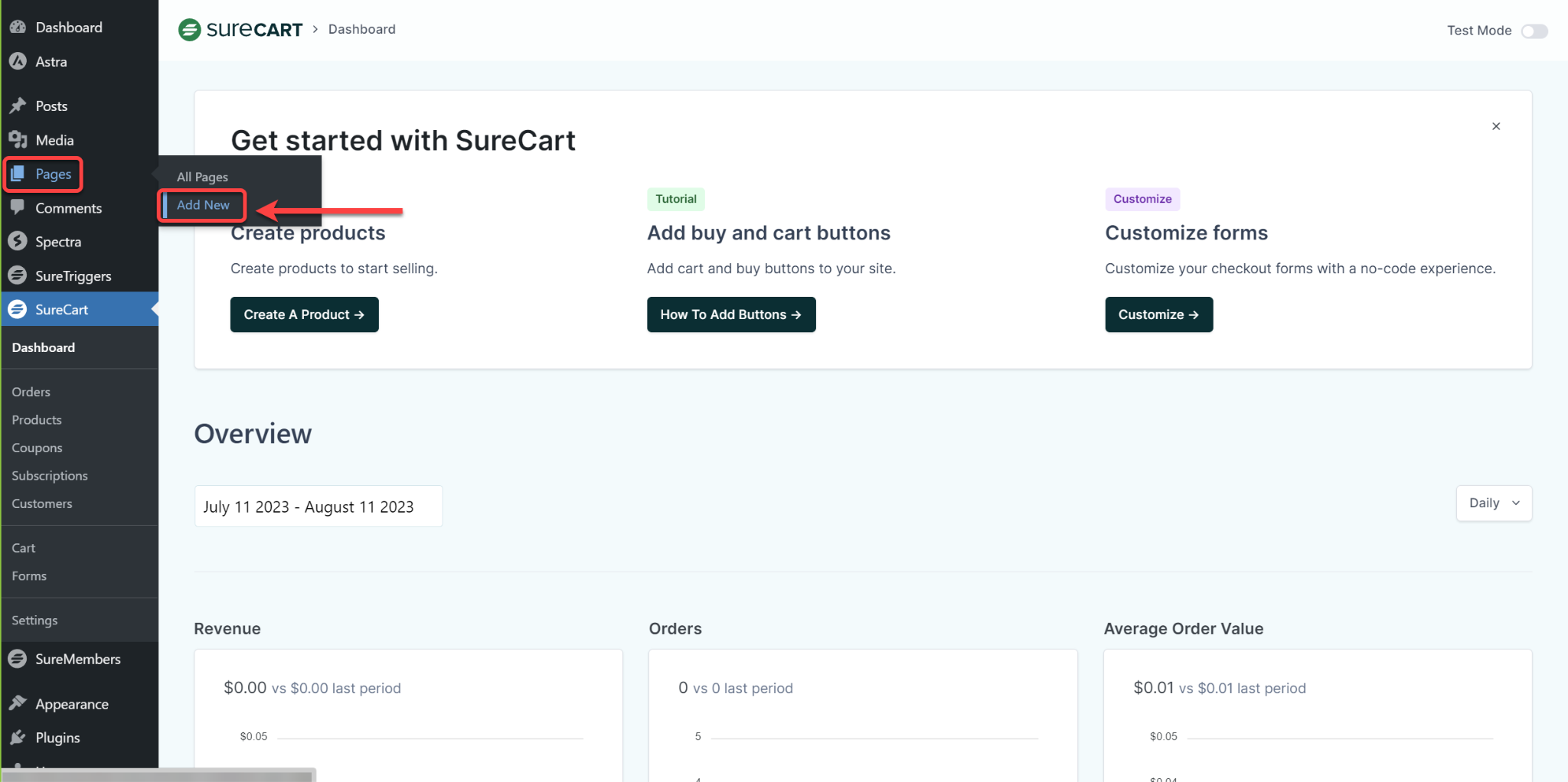 How to Insert the Checkout Form in a Page Using Gutenberg SureCart Add a new Page