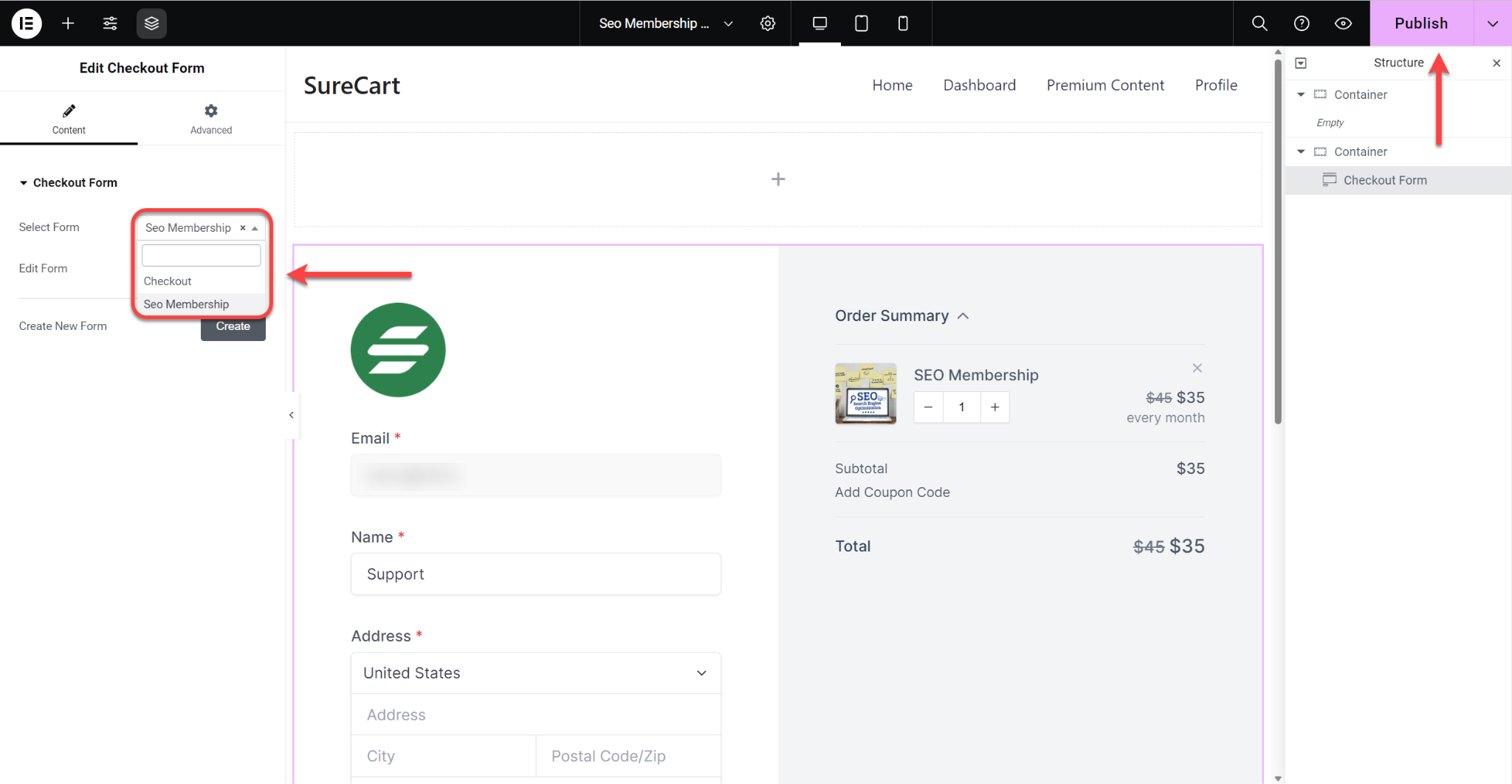Inserting Checkout Form On a Page Using Elementor SureCart Choose Checkout form settings