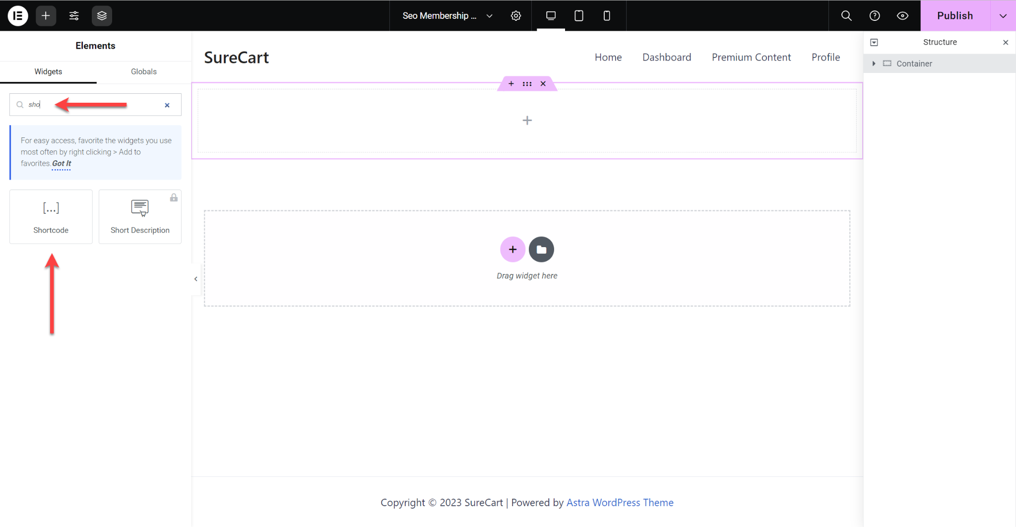 Inserting Checkout Form On a Page Using Elementor SureCart Elementor inser Shortcode widget
