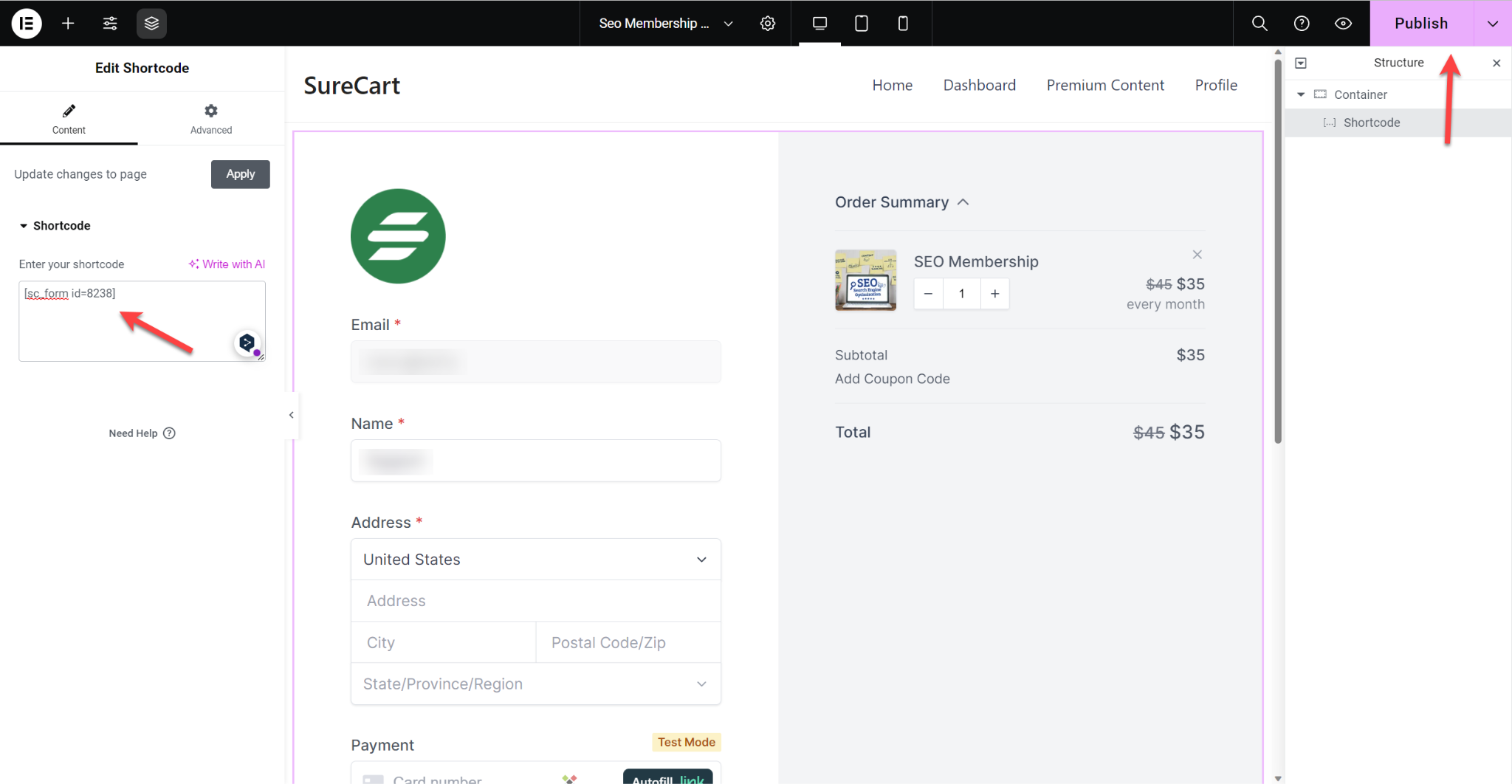 Inserting Checkout Form On a Page Using Elementor SureCart Elementor insert checkout form shortcode