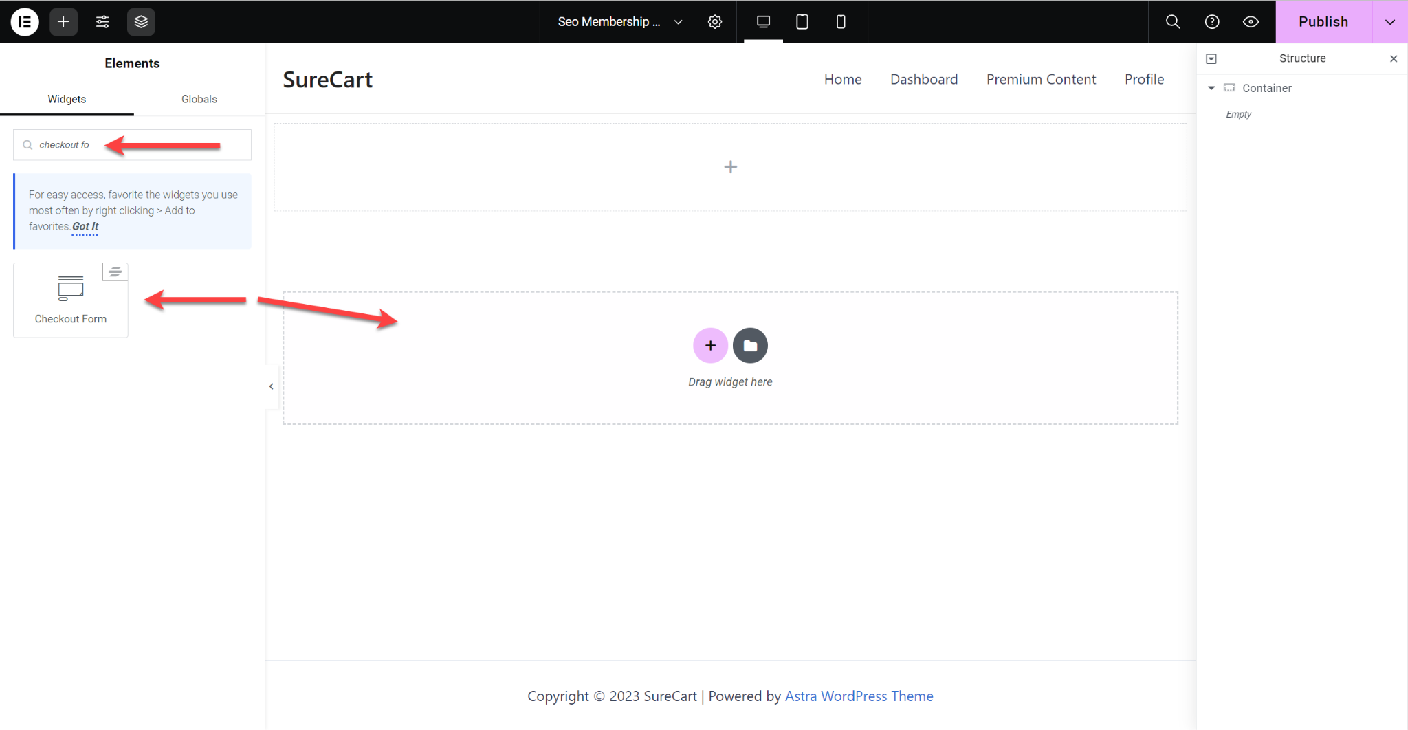 Inserting Checkout Form On a Page Using Elementor SureCart Elmeentor insert Checkout form widget