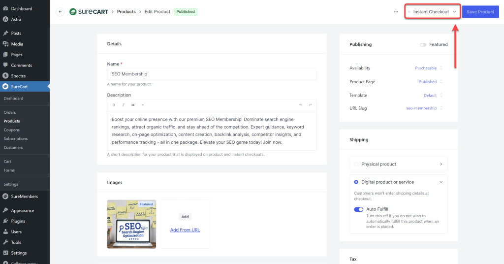 How to Set Up Instant Checkout Pages SureCart Instant Checkout button