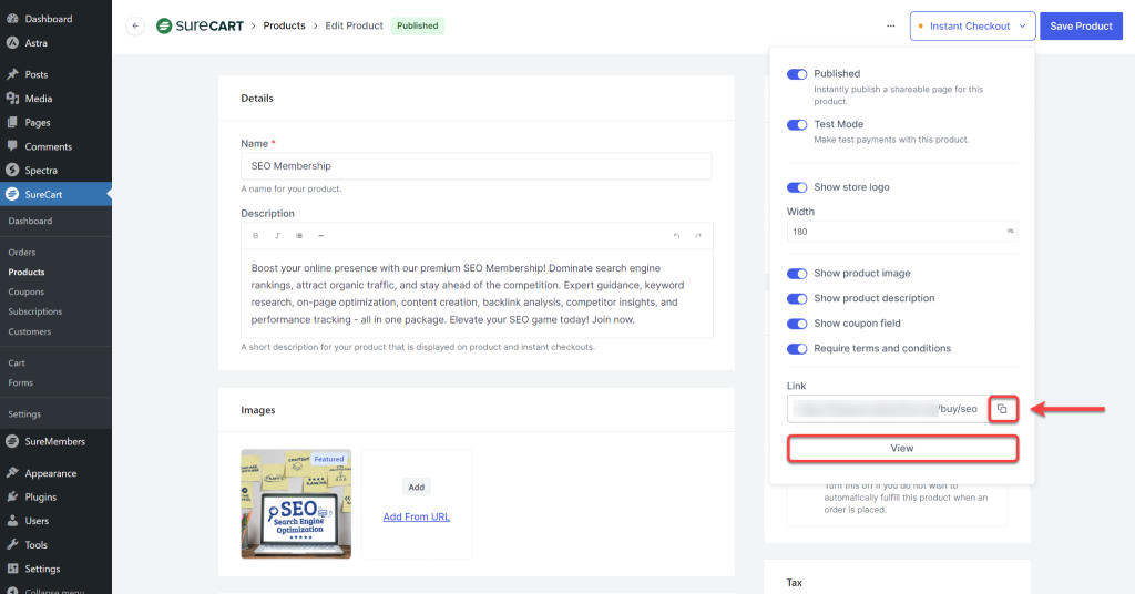 How to Set Up Instant Checkout Pages SureCart Instant Checkout copy share link