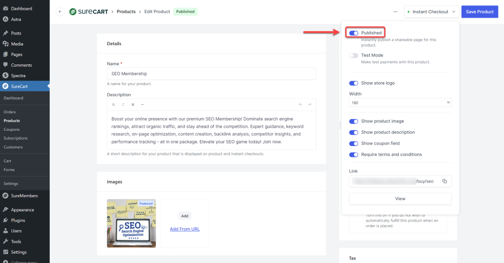 How to Set Up Instant Checkout Pages SureCart Instant Checkout Published button