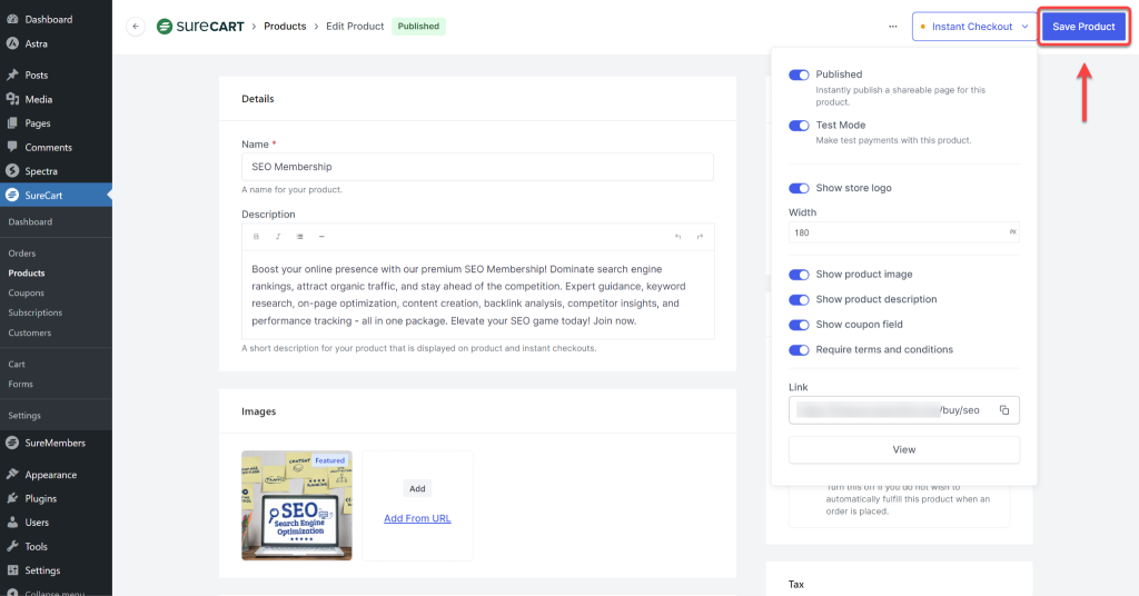 How to Set Up Instant Checkout Pages SureCart Instant Checkout Save Product
