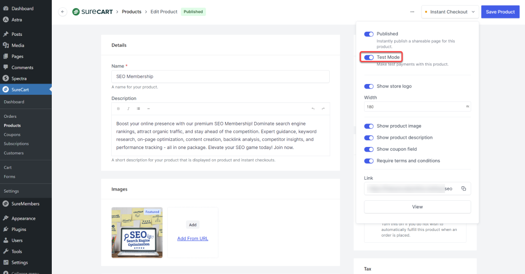 How to Set Up Instant Checkout Pages SureCart Instant Checkout Test mode