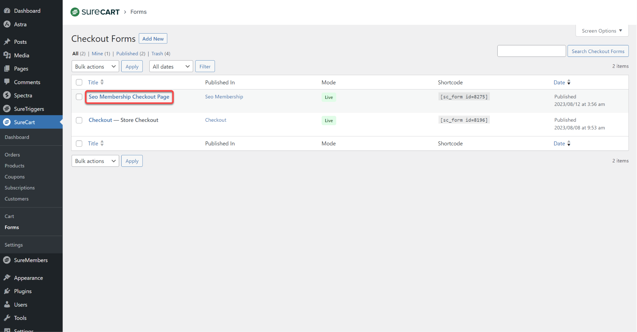 How to Add a New Checkout Form SureCart List of forms