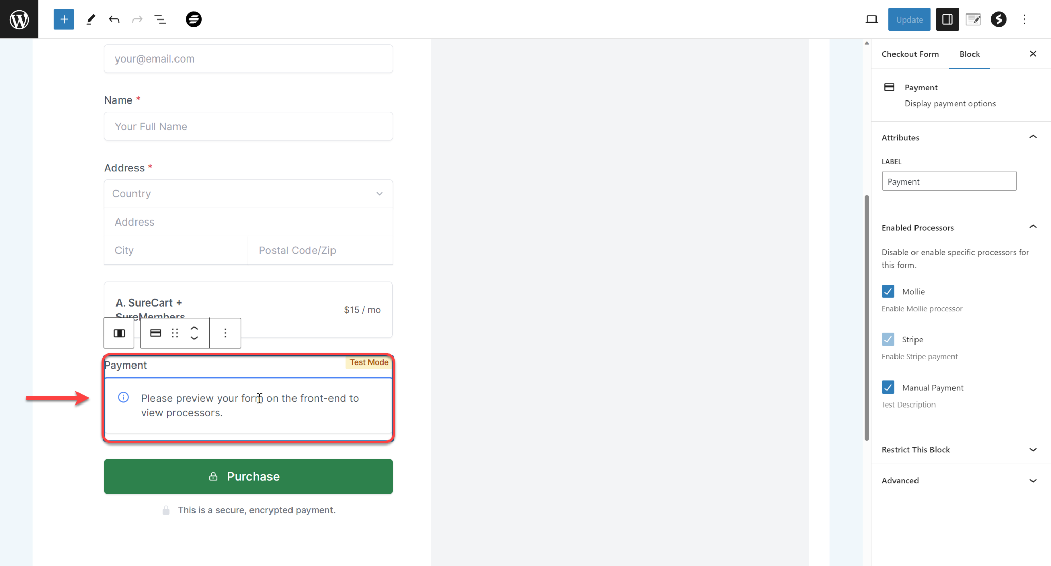 How to Enable/Disable Specific Processors For a Form SureCart Payment block