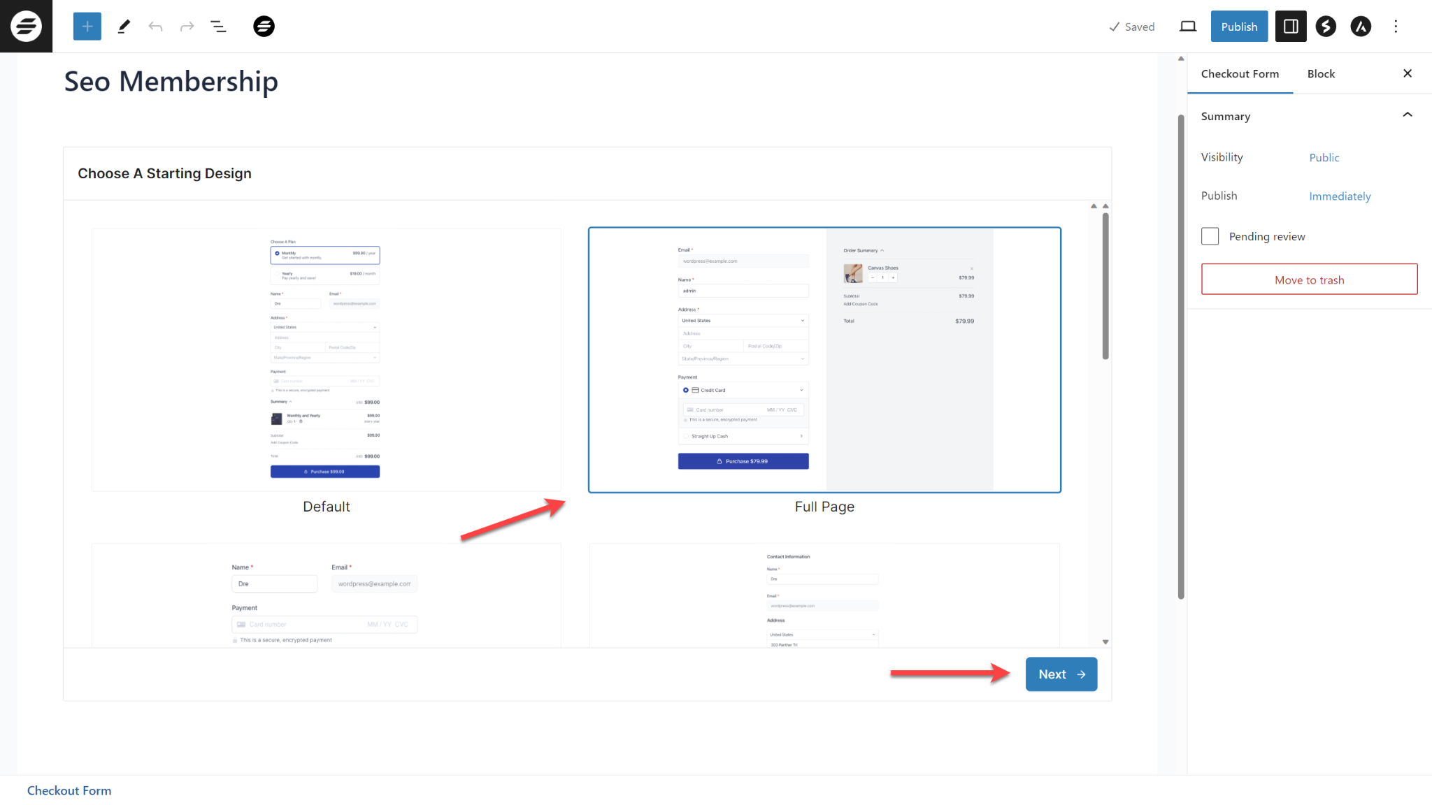 How to Add a New Checkout Form SureCart select a design for the form