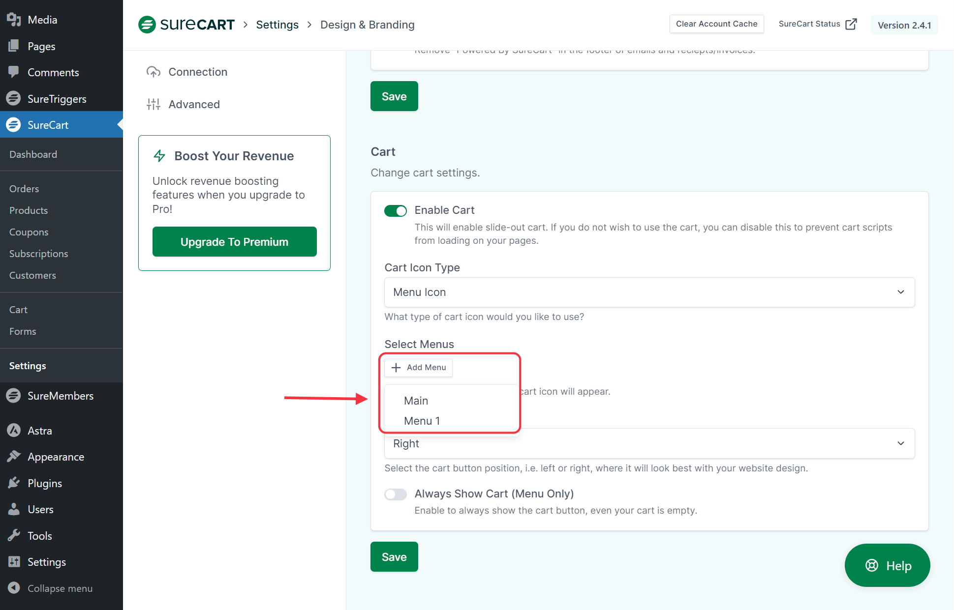 How to Enable & Disable Slide-out Cart SureCart Slide Out Cart Add Menu