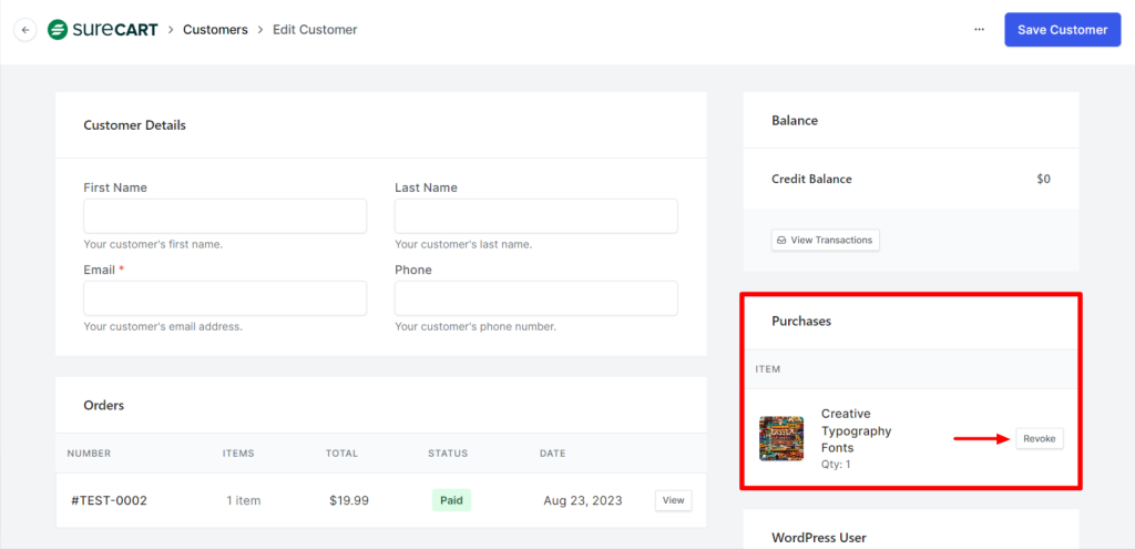 How to Revoke, Unrevoke or Expire Product Access SureCart customer details and purchases