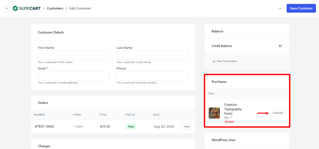How to Revoke, Unrevoke or Expire Product Access SureCart customer details and purchases page with "unrevoke" option