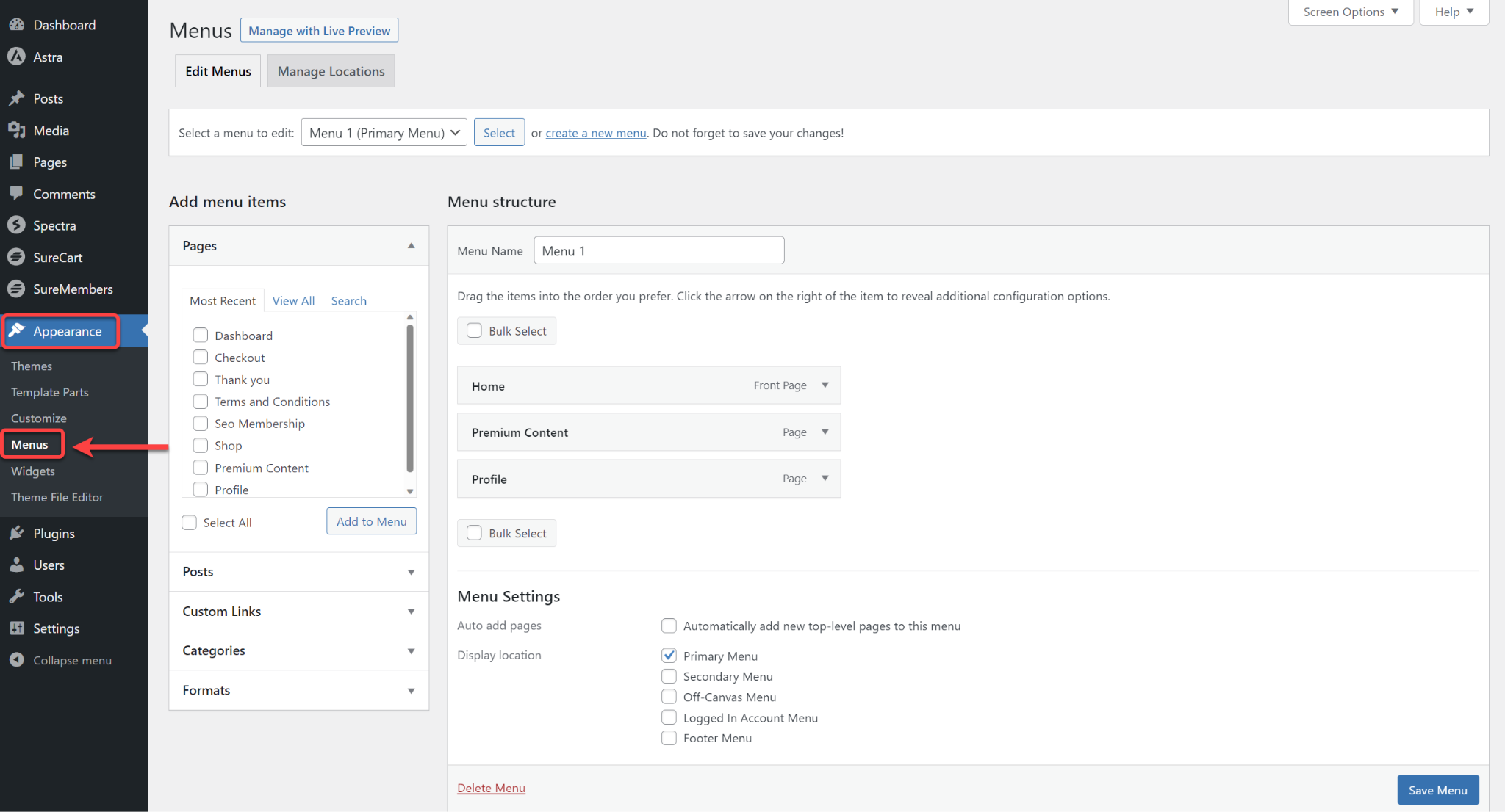 How Can Customers Access the Dashboard Appereance Menus