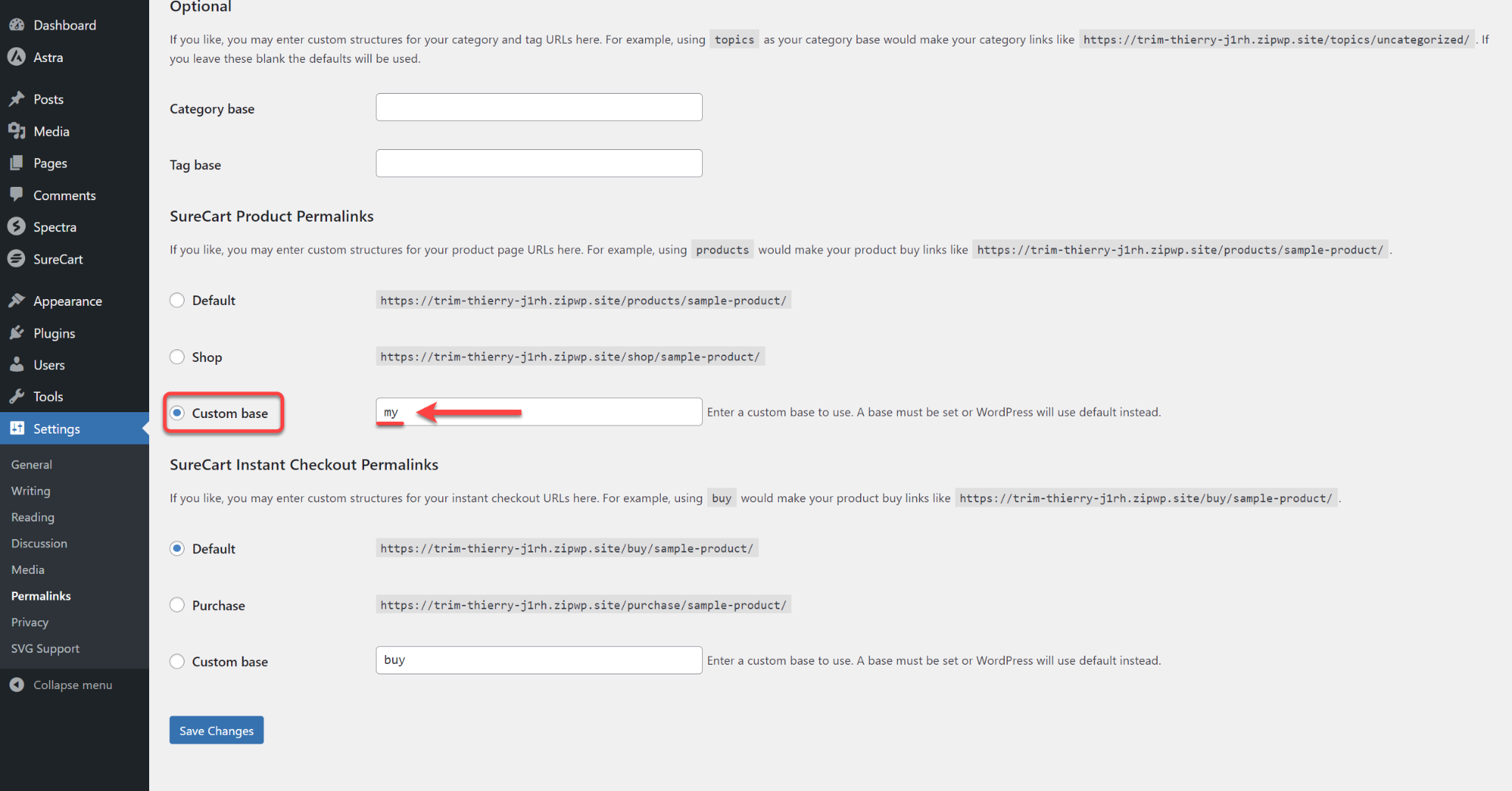 How to Change the Permalinks & URL Slug for SureCart Product & Instant Checkout Page Settings SureCart Product Permalinks - Custom base