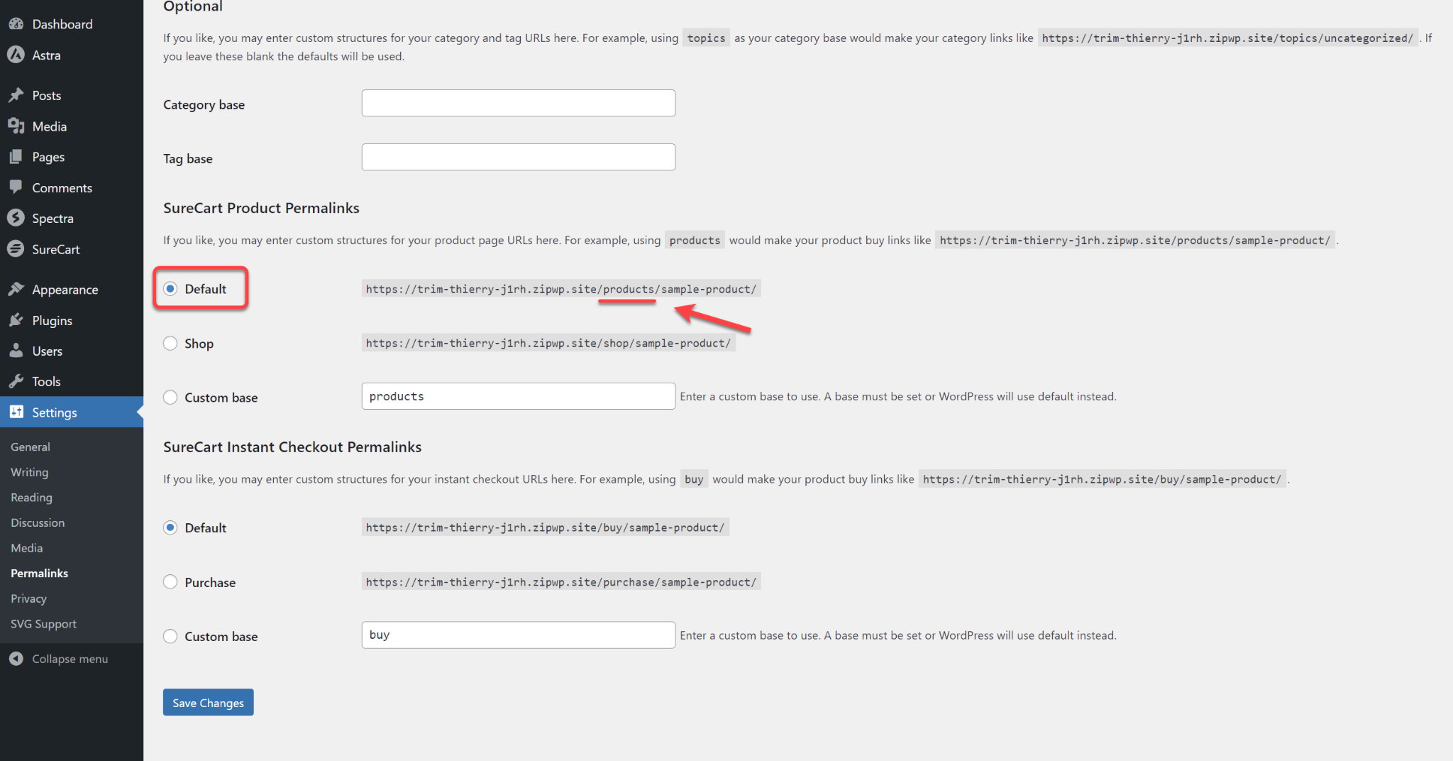 How to Change the Permalinks & URL Slug for SureCart Product & Instant Checkout Page Settings SureCart Product Permalinks Default