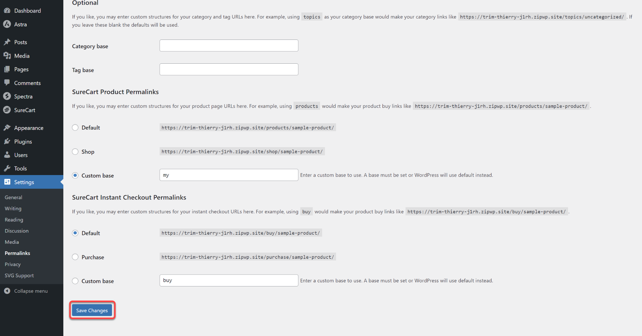 How to Change the Permalinks & URL Slug for SureCart Product & Instant Checkout Page Settings SureCart Product Permalinks Save Changes