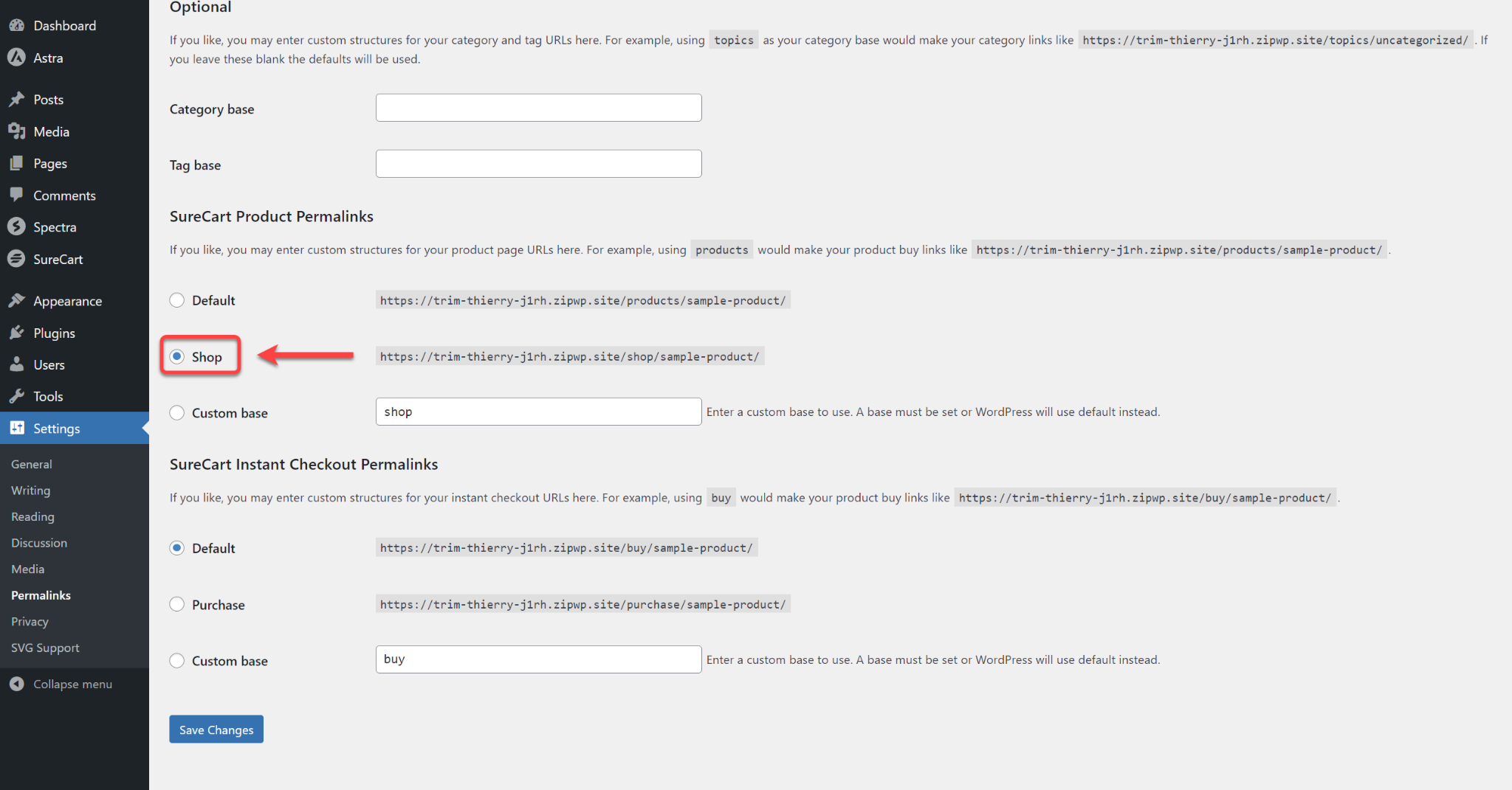 How to Change the Permalinks & URL Slug for SureCart Product & Instant Checkout Page Settings SureCart Product Permalinks - Shop
