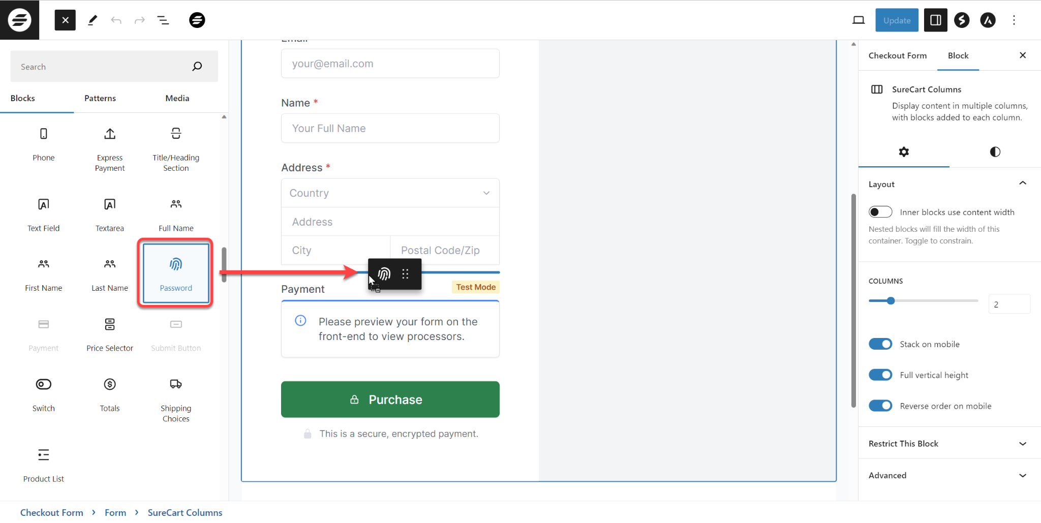 How to Set Up a Password Field During the Checkout Process SureCart Checkout form add password block