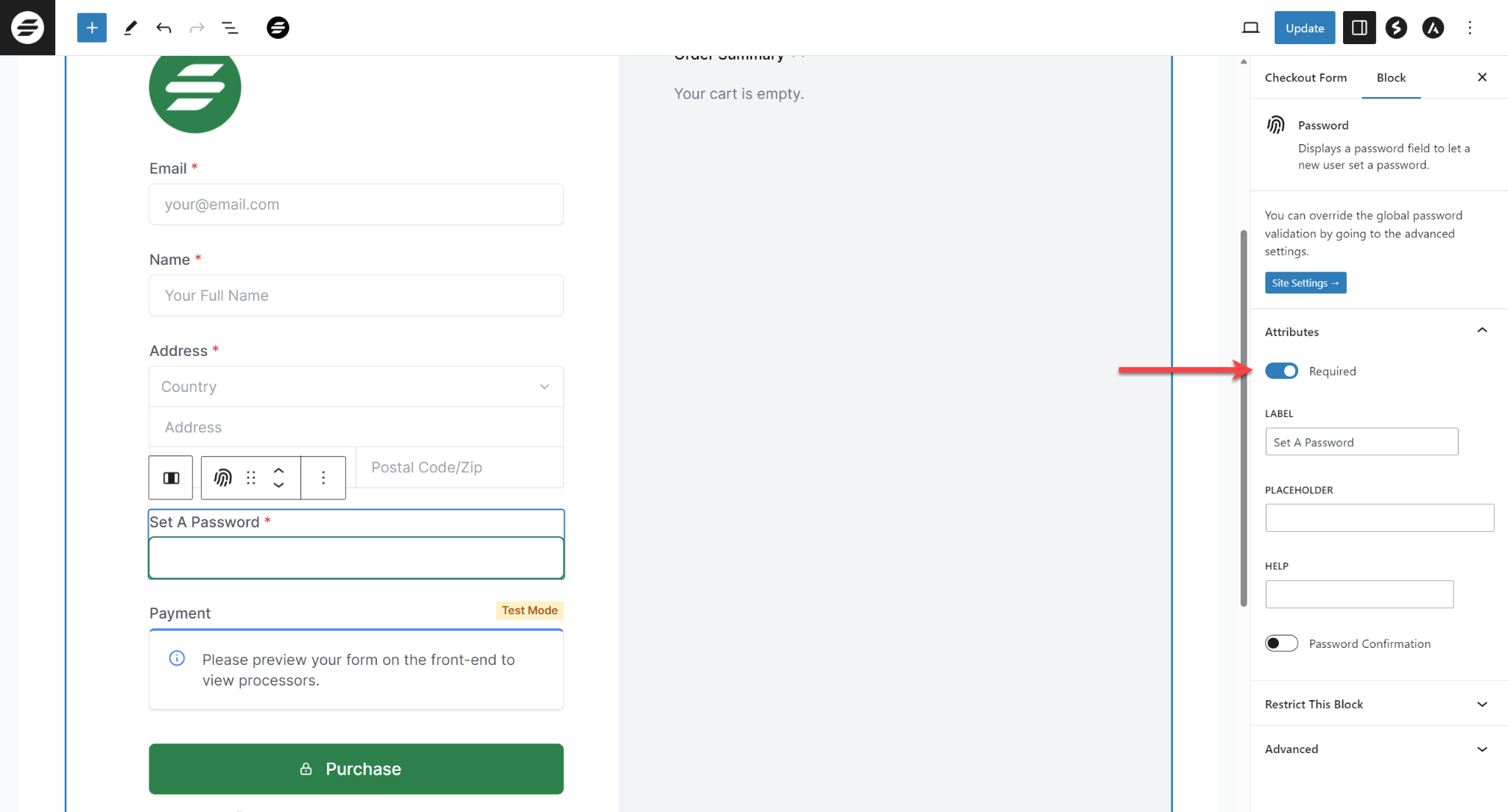How to Set Up a Password Field During the Checkout Process SureCart Checkout form customize password block