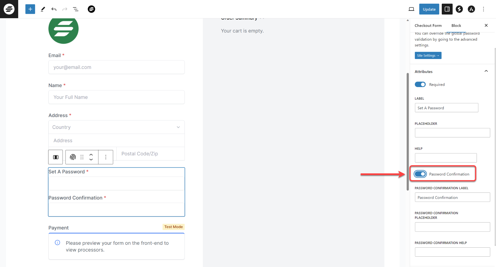How to Set Up a Password Field During the Checkout Process SureCart Checkout form password confirmation