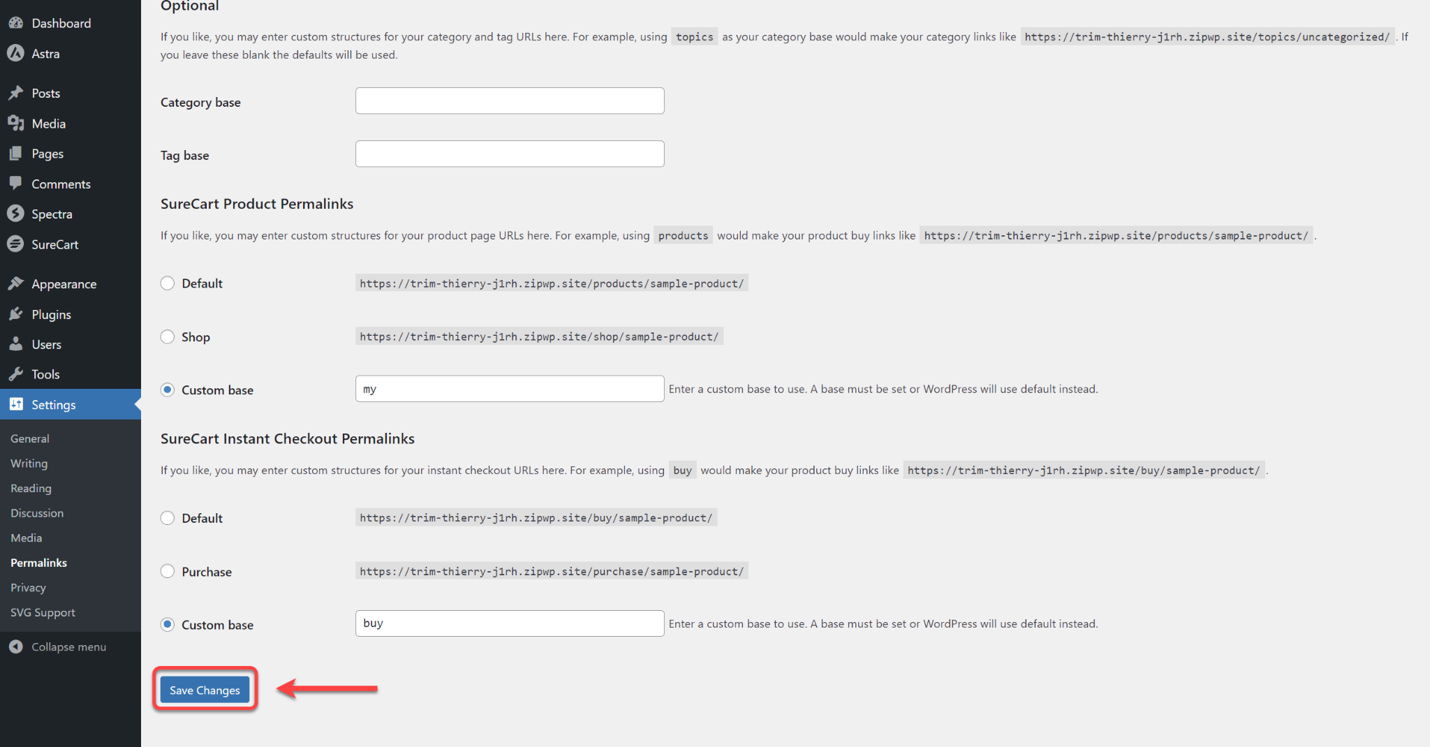 How to Change the Permalinks & URL Slug for SureCart Product & Instant Checkout Page SureCart Instant Checkout Permalinks Save Changes