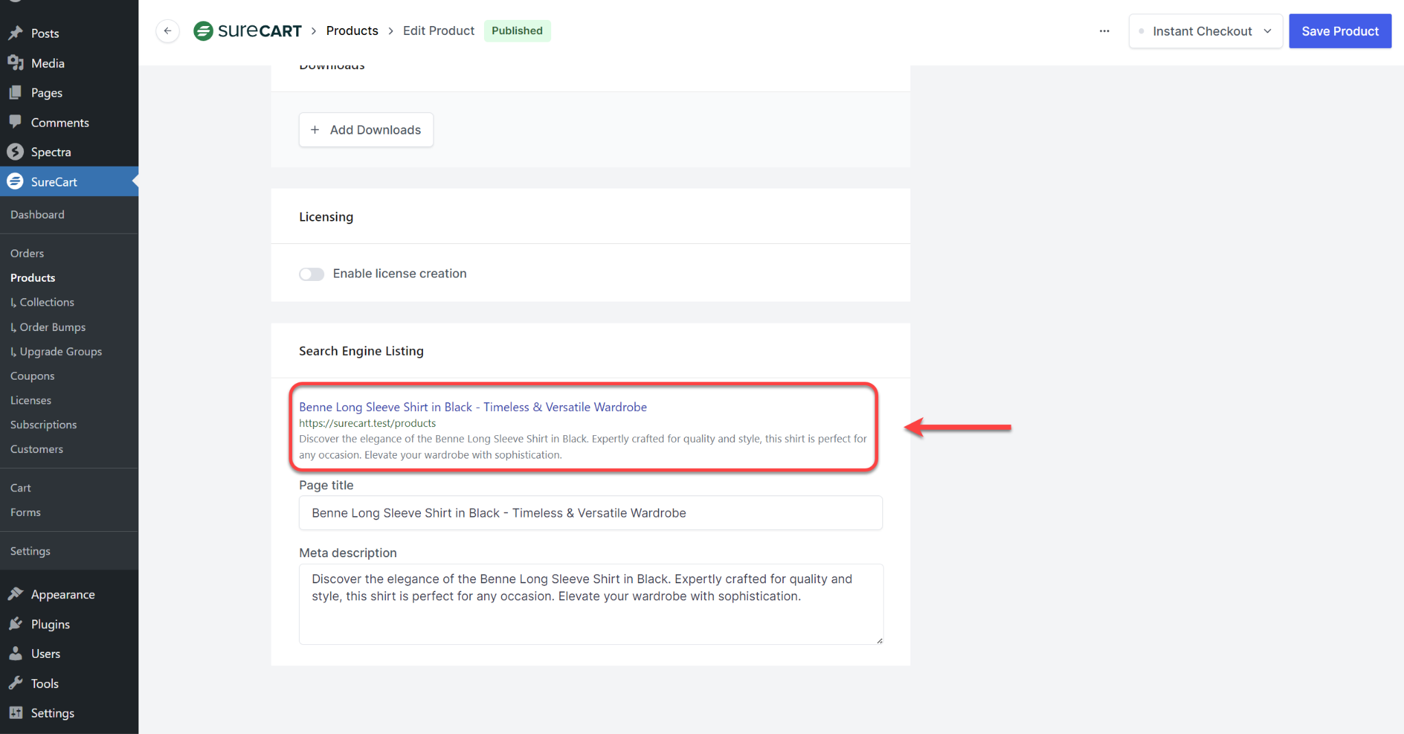 How to Make Your Product Visible to Search Engines for Better SEO SureCart Product Title and Meta description sample