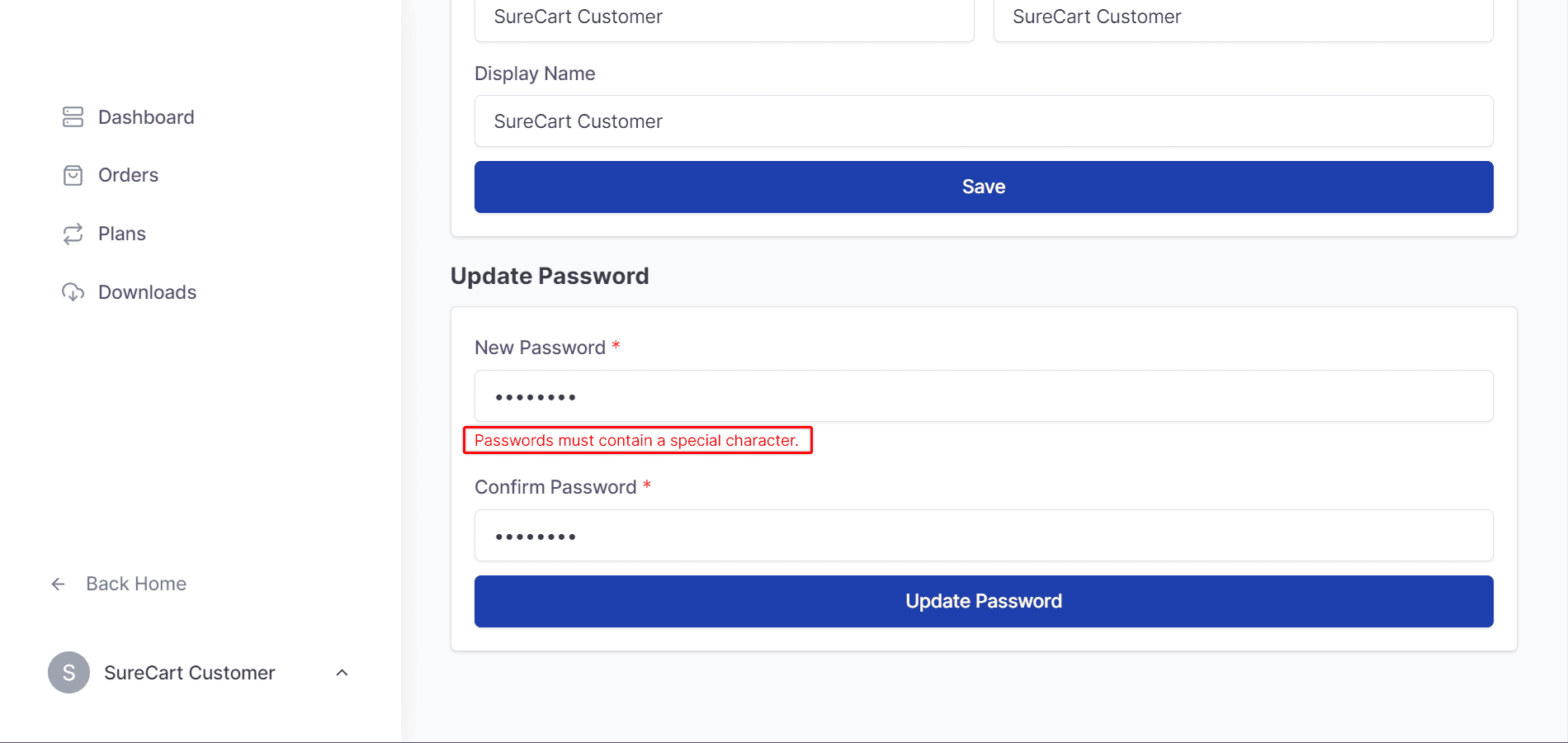 How to Enable Spam Protection and Security in SureCart example of strong password validation