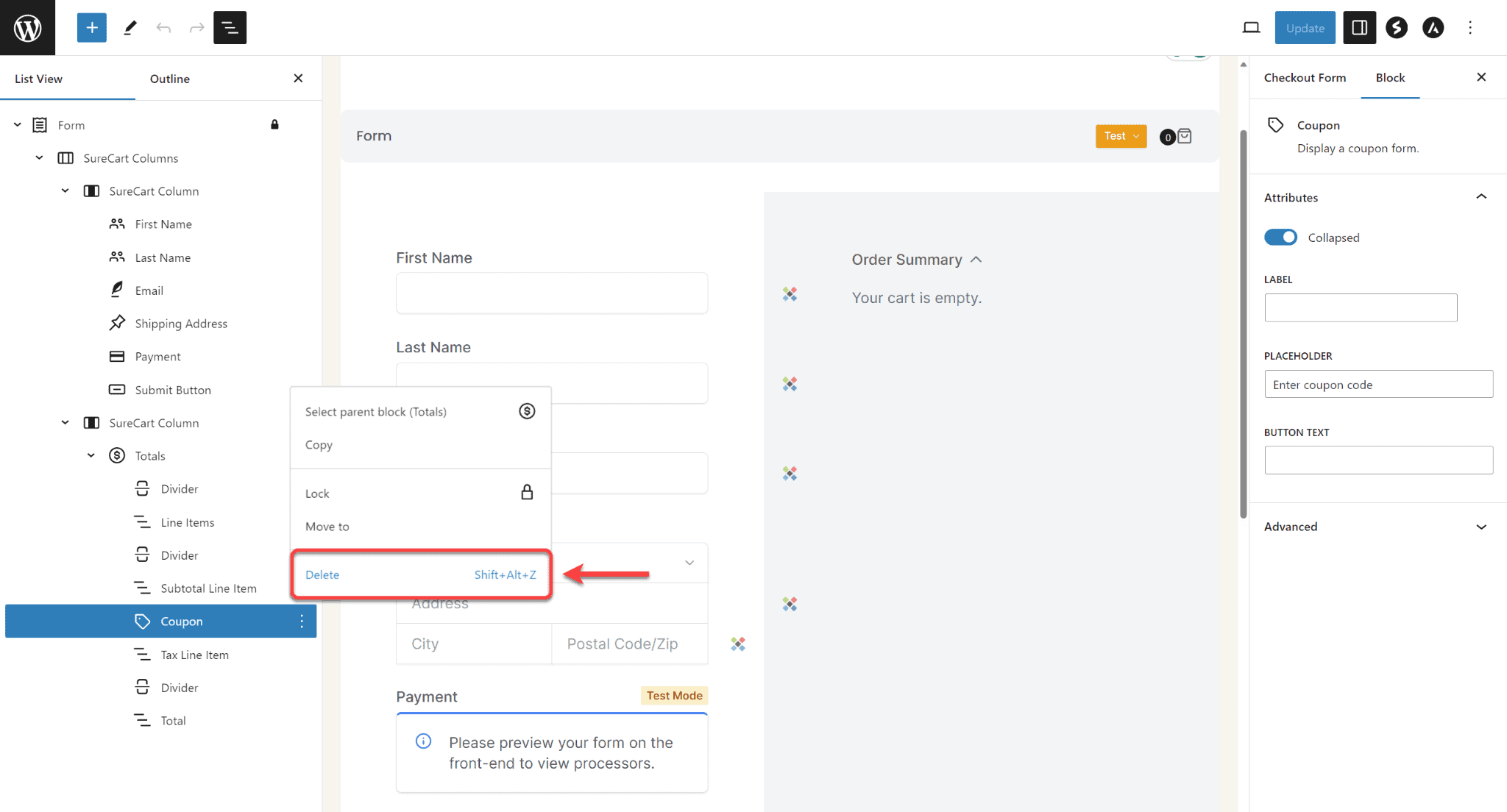 How to Remove Coupon Field From the Checkout Form SureCart Delete Coupon Block Element