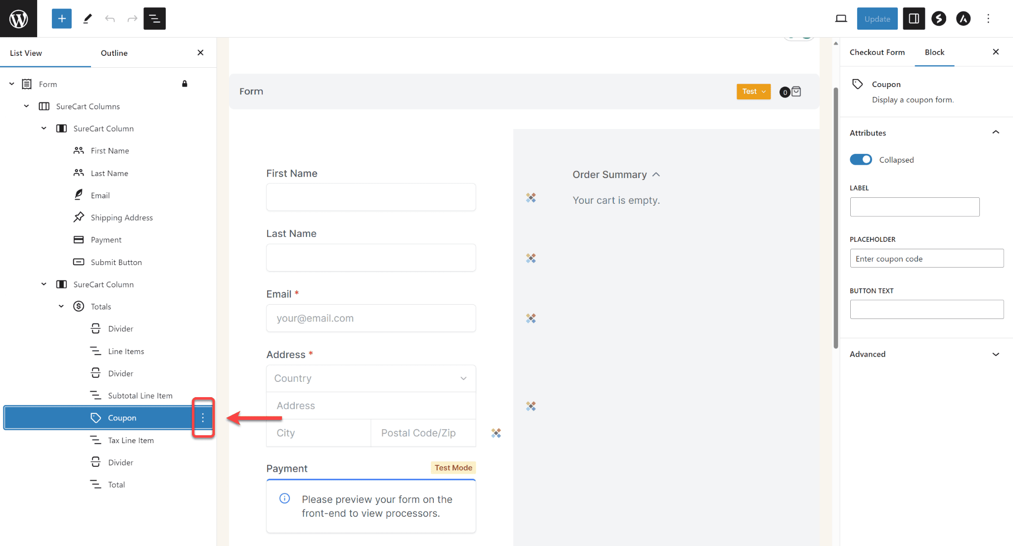 How to Remove Coupon Field From the Checkout Form SureCart Select Coupon block element