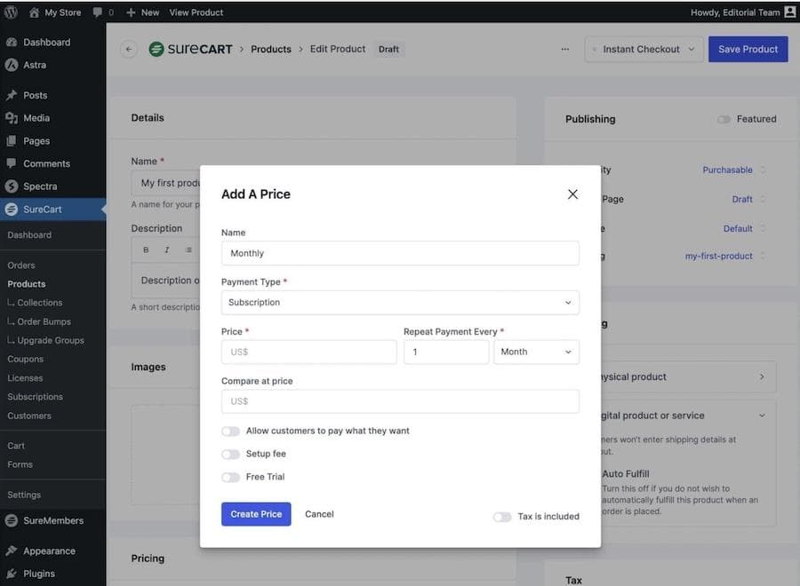 add subscription product price in surecart