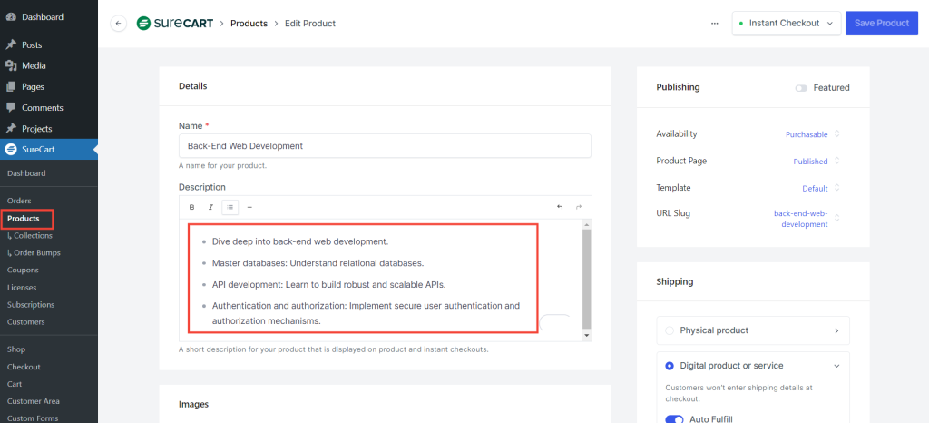 Product settings