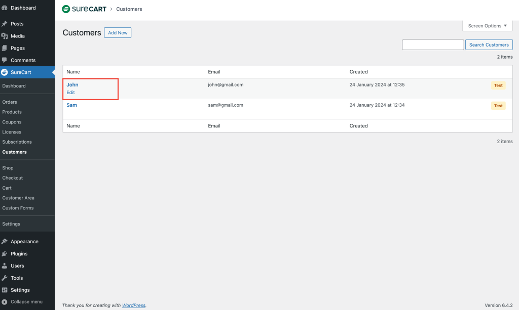 Overview of the Customers Section In SureCart Customers