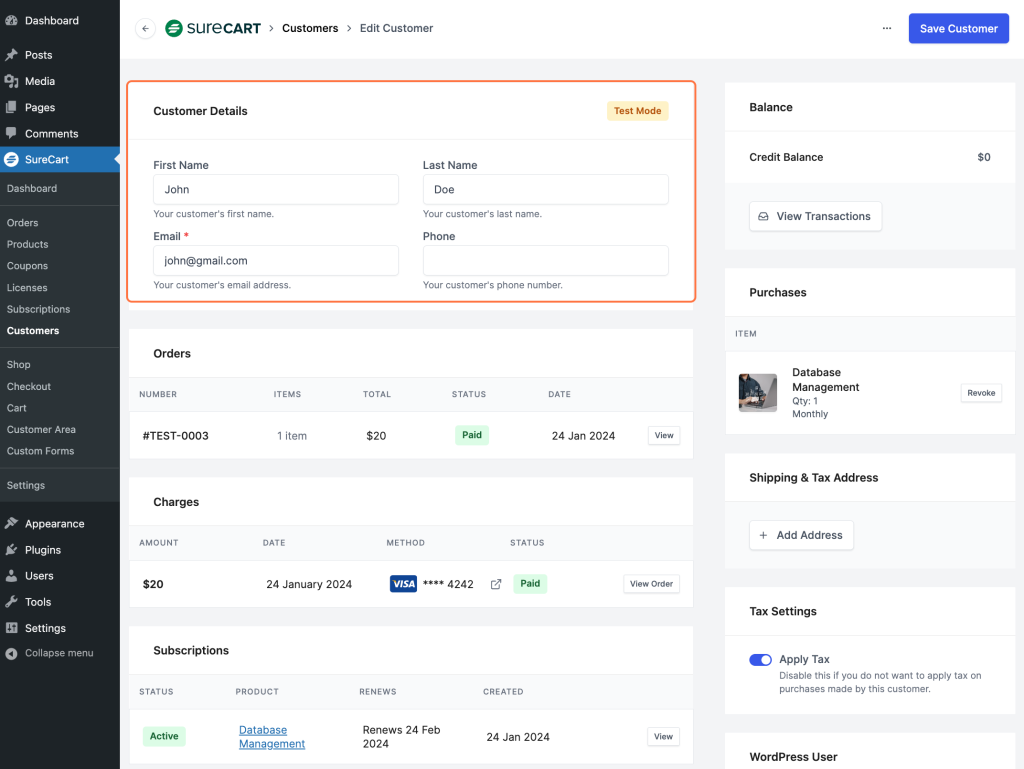Overview of the Customers Section In SureCart Customer details