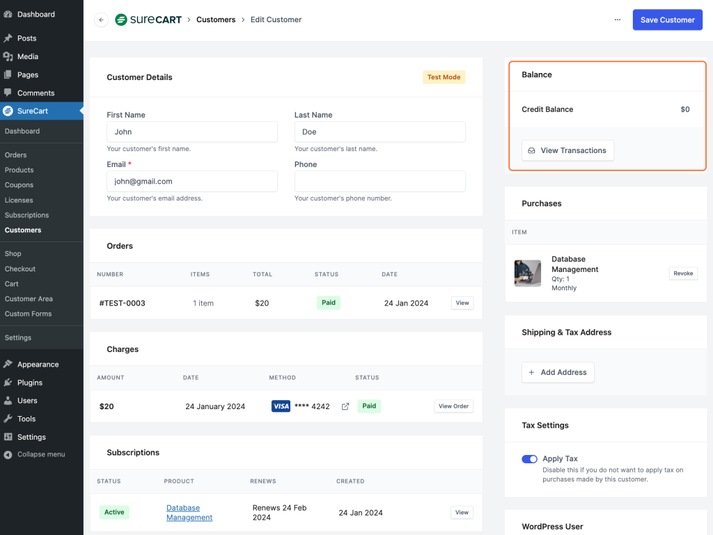 Overview of the Customers Section In SureCart Balance