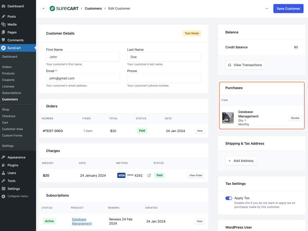 Overview of the Customers Section In SureCart Purchases
