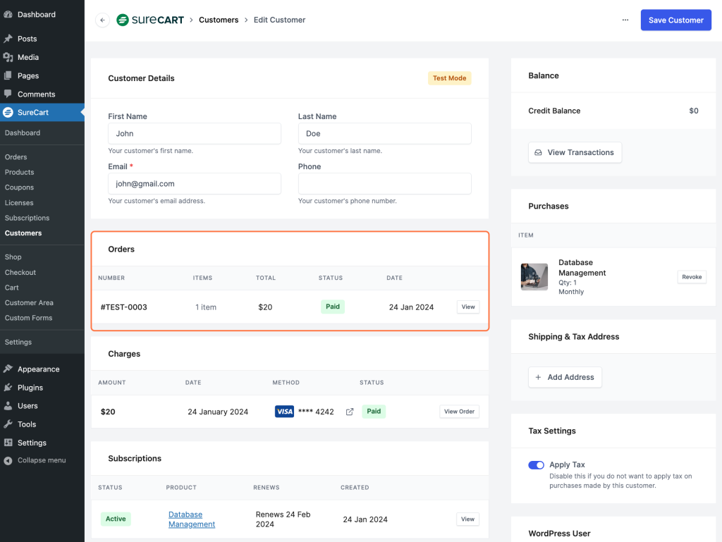 Overview of the Customers Section In SureCart Orders