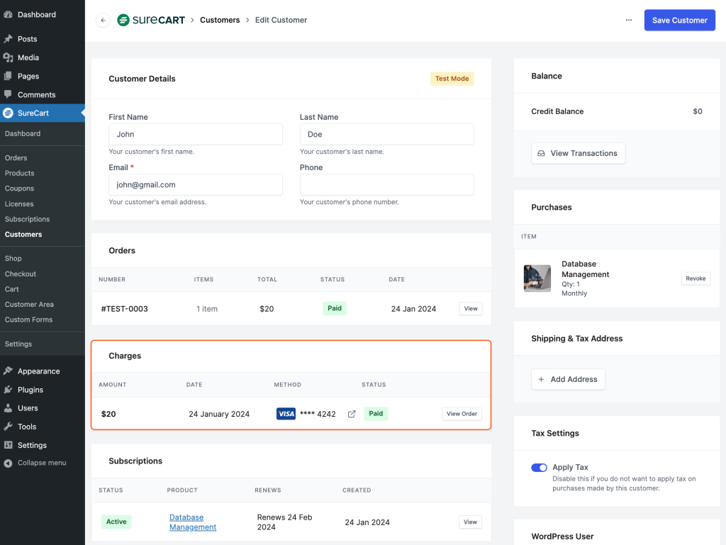 Overview of the Customers Section In SureCart Charges