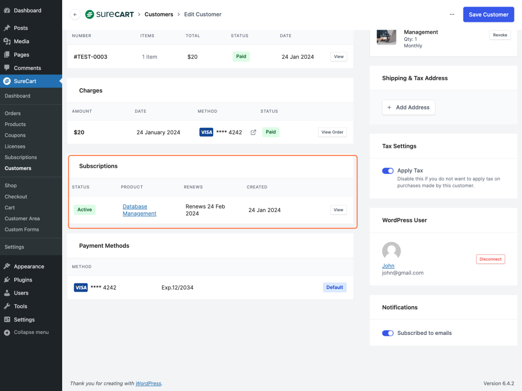 Overview of the Customers Section In SureCart Subscriptions