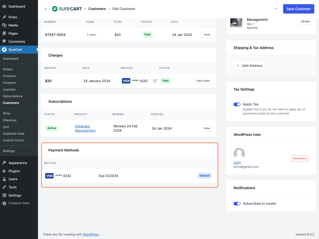 Overview of the Customers Section In SureCart Payment Methods