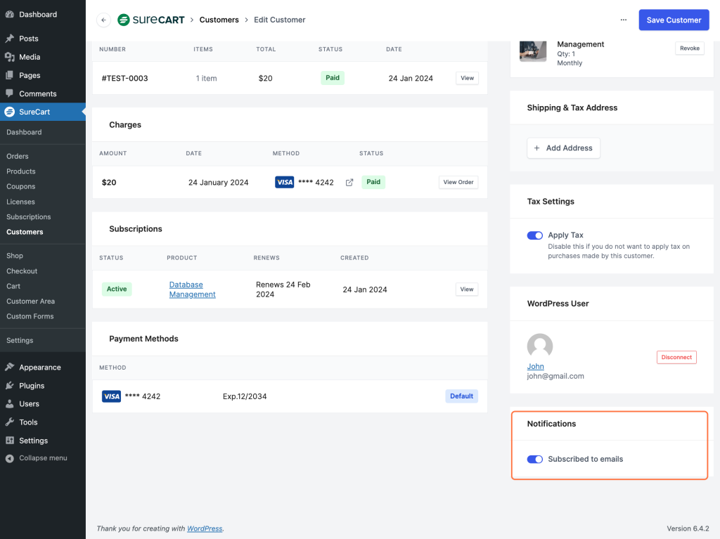 Overview of the Customers Section In SureCart Notifications