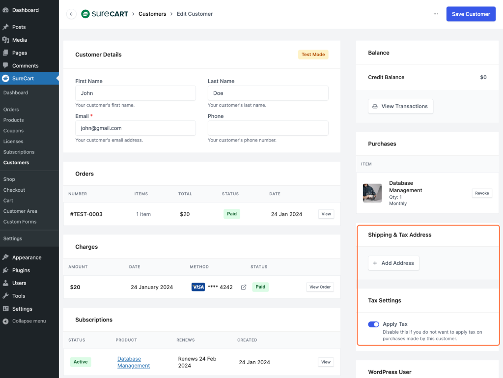 Overview of the Customers Section In SureCart Tax Details