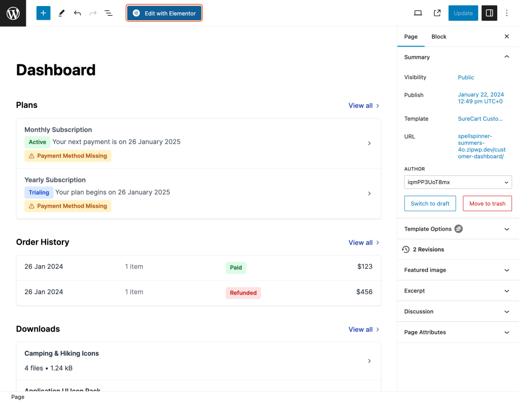 Customer Dashboard Shortcodes Edit with Elementor