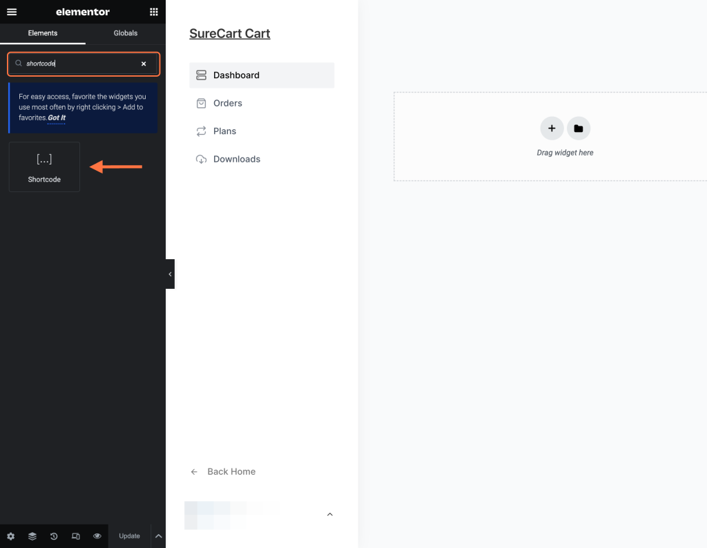 Customer Dashboard Shortcodes Shortcode block elementor