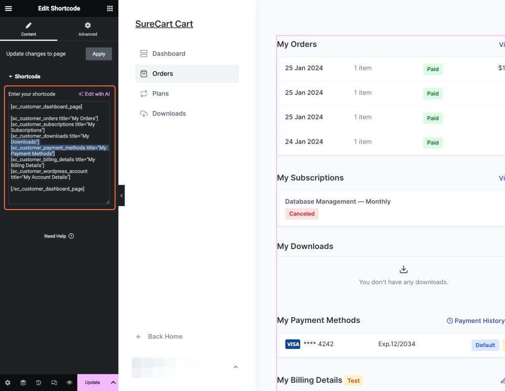 Customer Dashboard Shortcodes Customer Dashboard shortcode