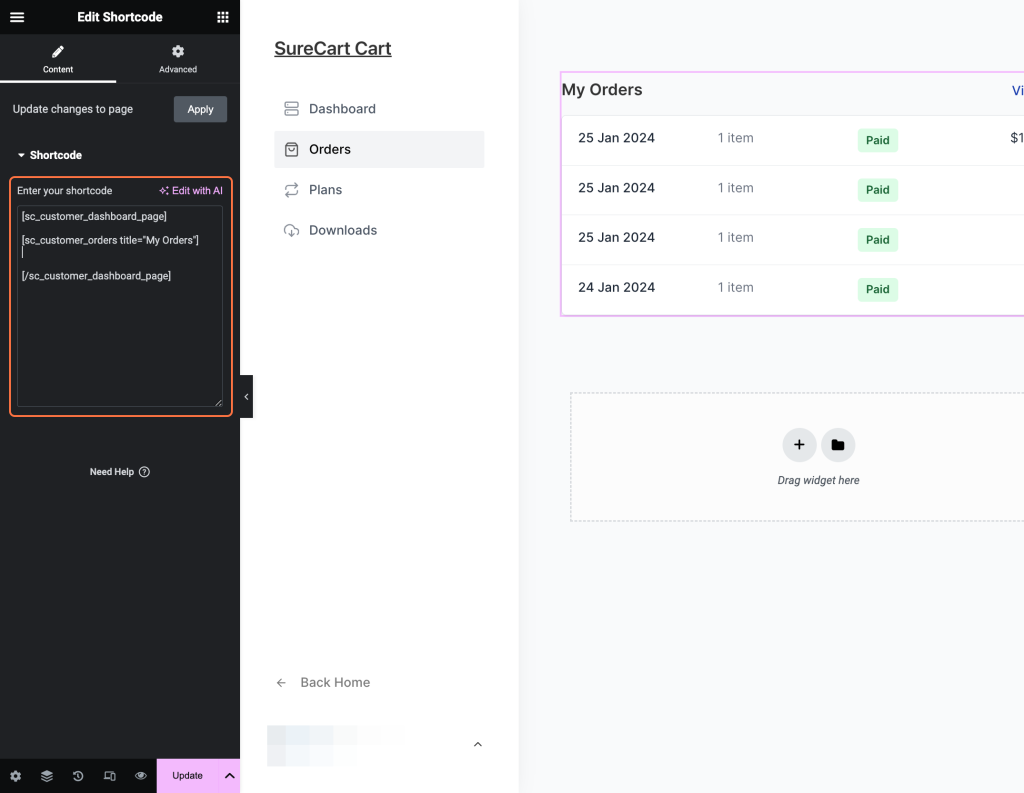 Customer Dashboard Shortcodes My Orders as a shortcode