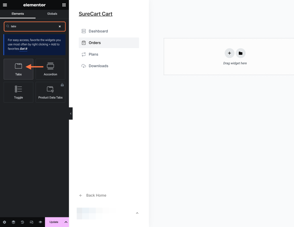 Customer Dashboard Shortcodes Tabs section
