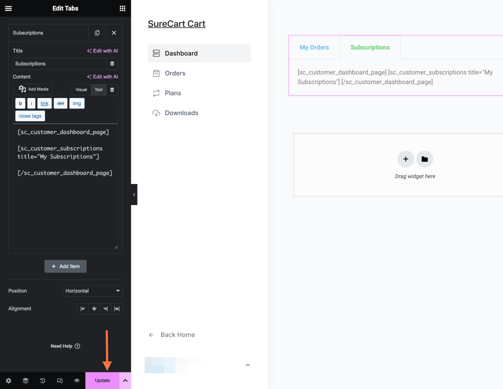 Customer Dashboard Shortcodes Update button