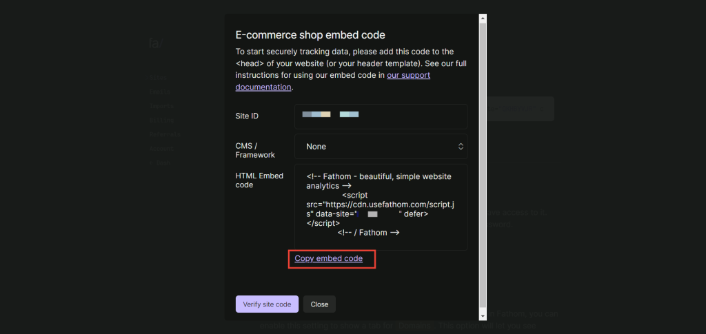 Fathom Analytics Integration Guide Copy embed code