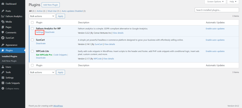 Fathom Analytics Integration Guide Plugin settings