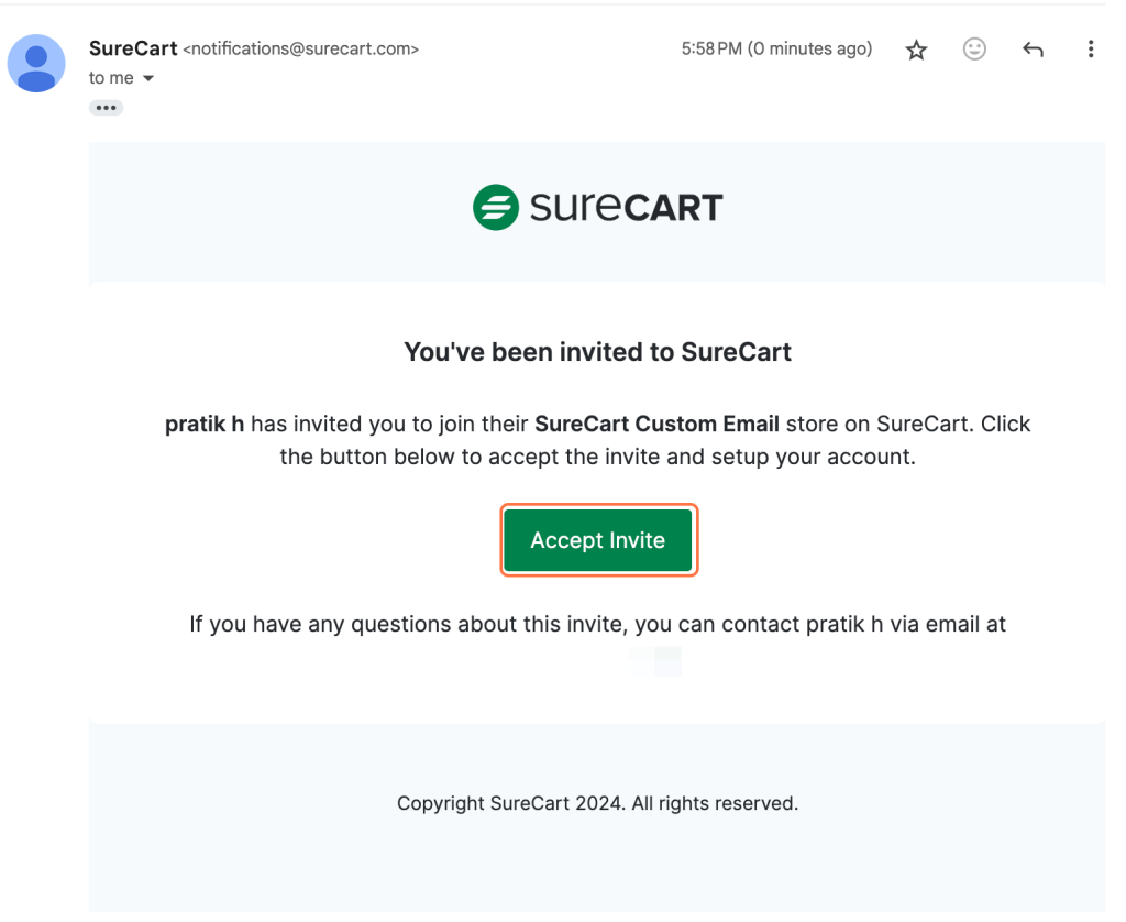 How to Invite Team Members To Your SureCart Store Email Invite